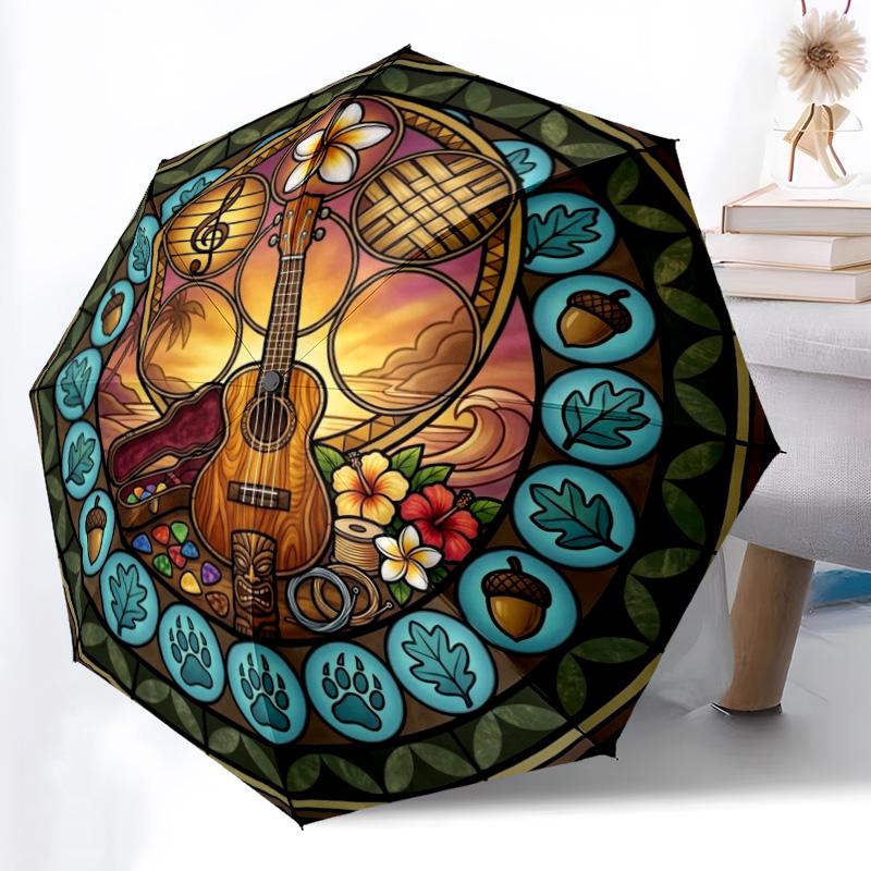 Hawaiian Music Glass pattern umbrella, portable and foldable design, 8 ribs, a casual accessory for Halloween, Christmas, and birthday gifts.