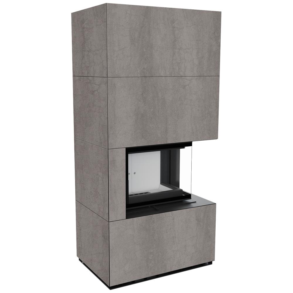 Modular fireplace KRATKI FLOKI BOX right 8 kW Ø 160 quartz sinter NATURALI PIETRA DI SAVOIA GRIGIA BOCCIARDATA