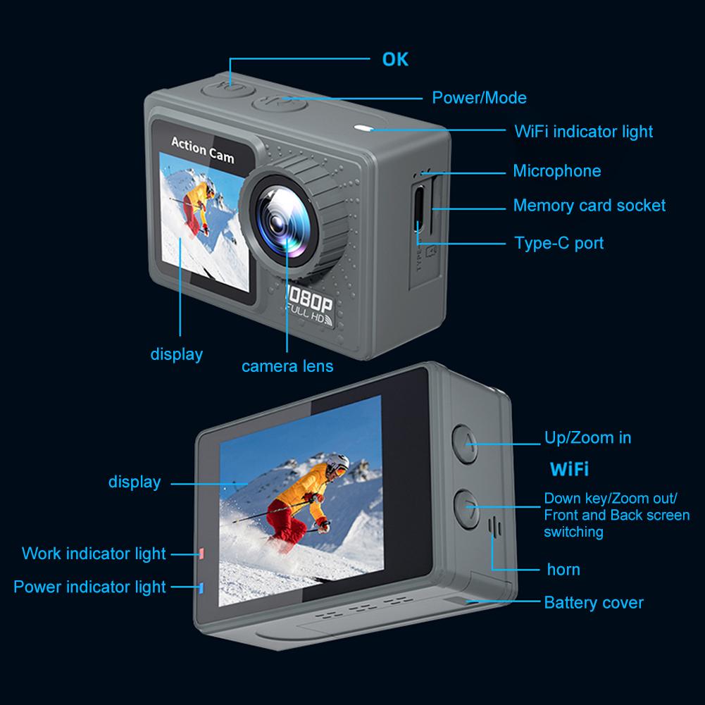 Action Camera 1080P 30FPS WiFi 120° Wide Angle Underwater Waterproof Helmet Video Recording Camera Dual Screen Sports Cameras