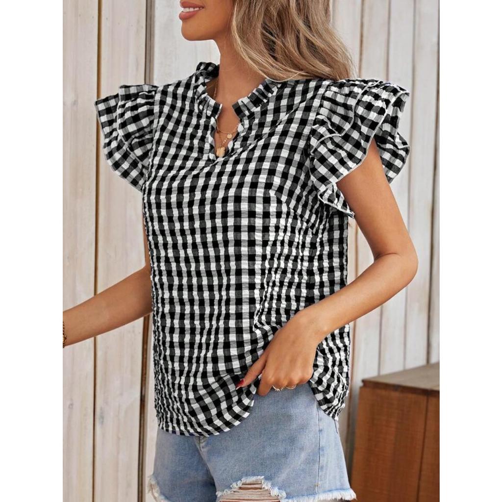 Summer Women Sweet Cute Plaid Short Sleeve Top Double Layer Ruffle Hem Blouse