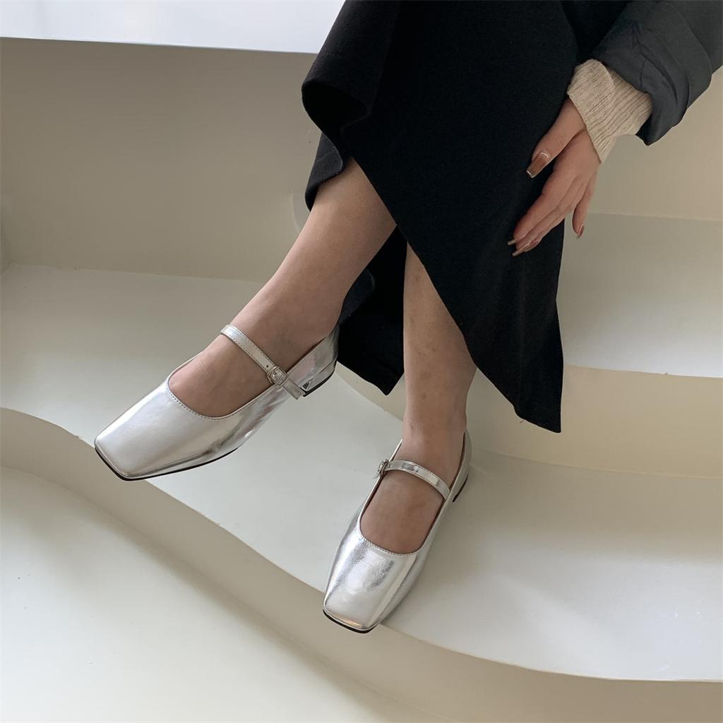 Fashion Flats Shoes for Women Luxury Silver Ballet Shoes Women's New 2025 Autumn French Mary Jane High Heel Single Shoe Ladies