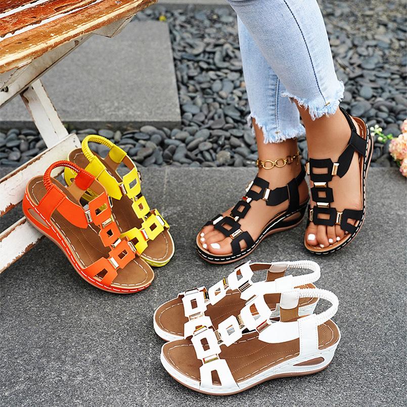 Sandali da Donna Estivi con Zeppa e Bocca di Pesce Fibbia Metallica Elastici Slip-On Scarpe alla Moda da Donna Taglie Forti
