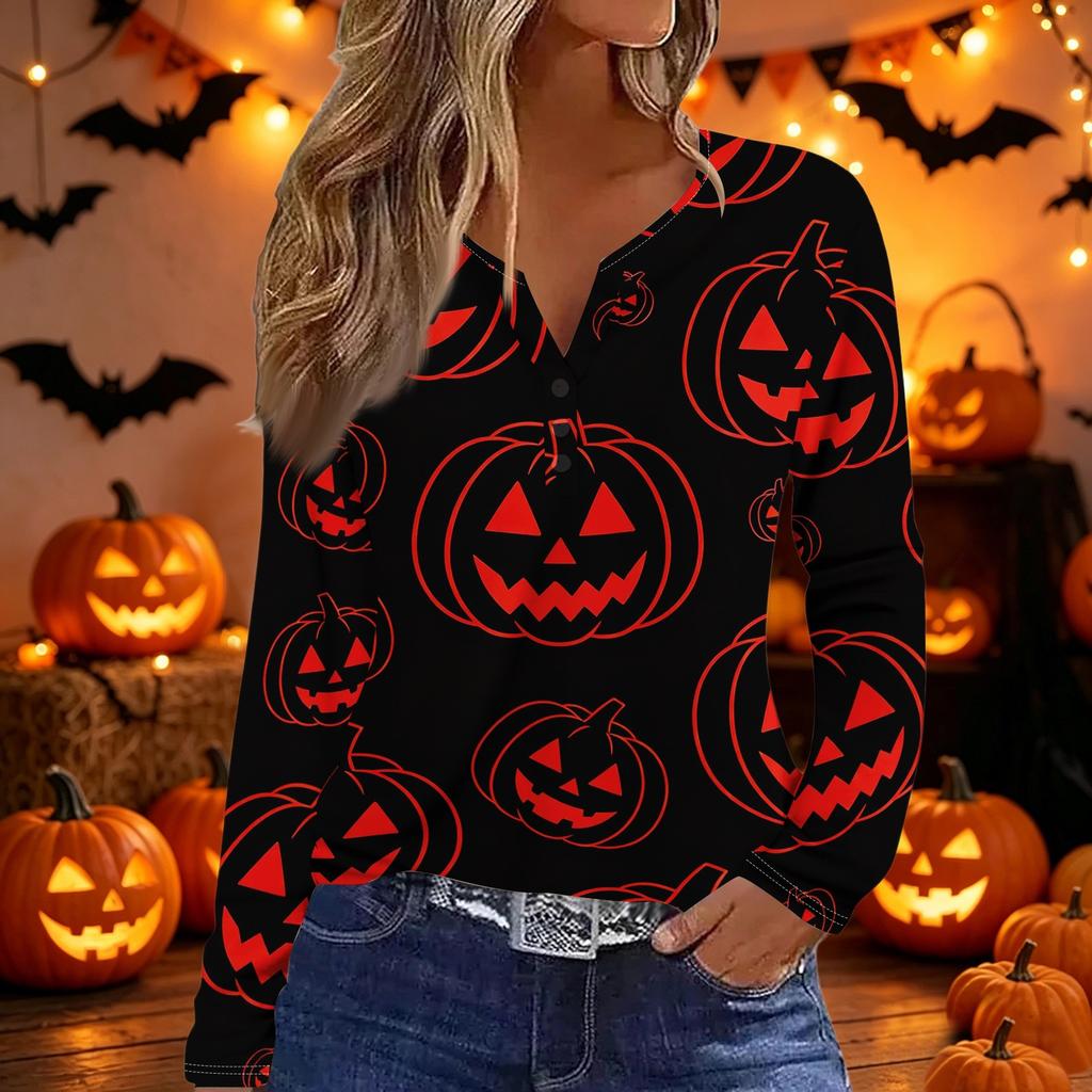 Women’s Casual Halloween Printed V Neck Decorative Button Long Sleeve T Shirt Top with Pumpkin and Candy Pattern