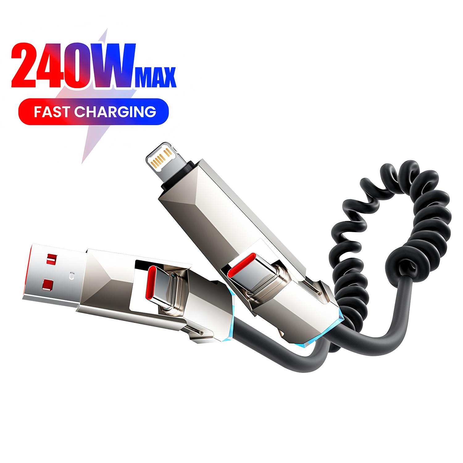 

240W Coiled 4 in 1 Fast Charging Cable,USB A/C to USB C/L,Multi Functiona Retractable Cord for iPhone 17/16,Samsung Galaxy S25 чёрный