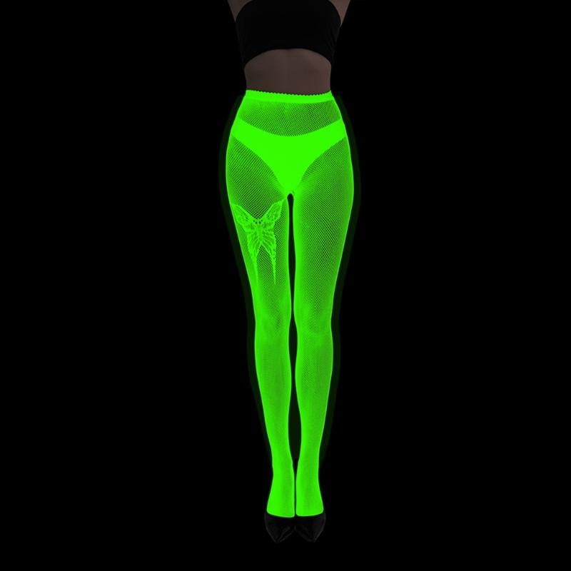 Women Glow in Dark Halloween Fishnet Pantyhose Luminously Spiderweb Skull Pattern Mesh Tights Stockings Party Hosiery