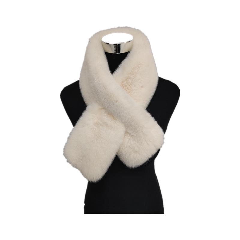 Women's Winter Double-Sided Faux Rex Rabbit Fur Scarf - Thick Plush Cross Neck Warmer Shawl