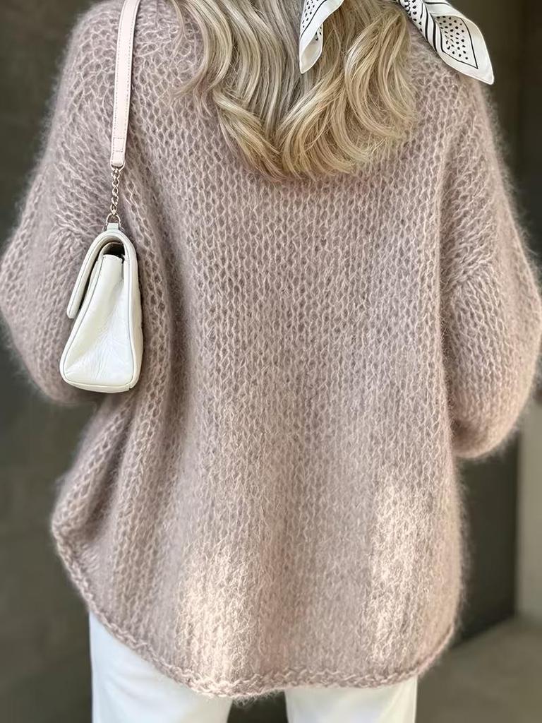 Suéter de Punto de Mohair Sintético Otoño/Invierno: Suelto, Moderno, Cuello Redondo Mangas de Linterna, Suéter Suave