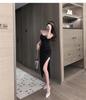 2024 Summer Korean Hepburn Black Sequin Slit Midi Slim Fit Suspender Dress