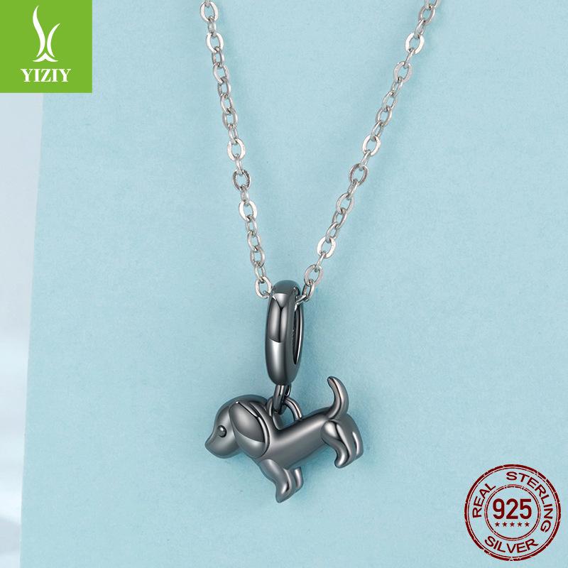 Black Dachshund Diy Pendant Accessories, Cute Animal S925 Sterling Silver Plated With Black Gold Beads.