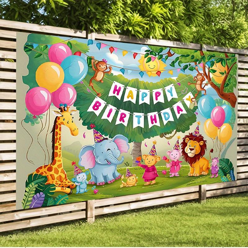 Party-Hintergrund Dschungel-Safari Cartoon-Tiere Ballons Text Festlicher Fotoautomaten-Hintergrund Geburtstagsfeier Dekoration