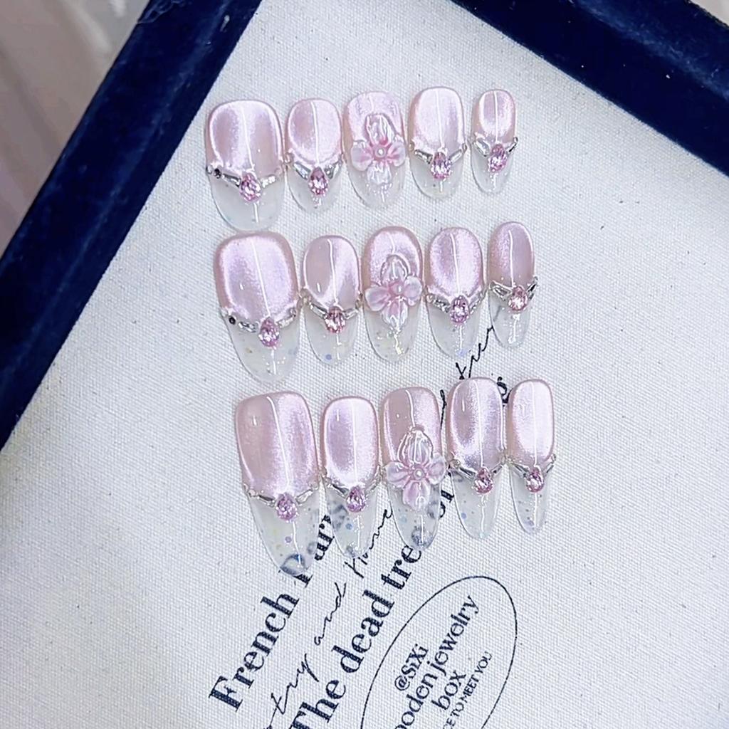 Pure Handmade Crafts New Styles Such As Peach Blossom Hand-carved Zircon Diamond Cat Eye Nail Art Patch