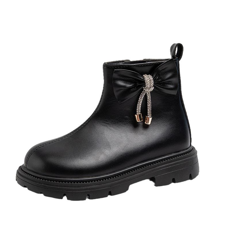 

Ботильоны для девочек из черной искусственной кожи с завязками-бабочками и круглым носком, модные детские ботинки на осень-зиму, модная детская обувь с бантом и круглым носком 29 чёрный