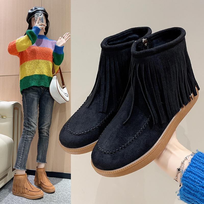 Large size comfortable short fringed boots women's autumn and winter new sweet versatile velvet flat women's boots