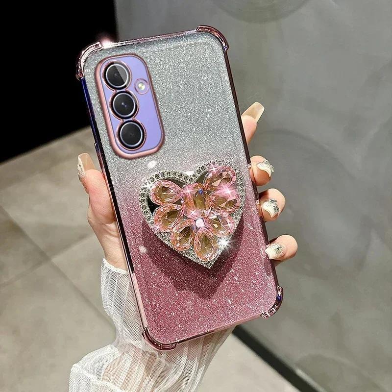 Phone Case for Xiaomi 15 Ultra 14T 13T POCO X7 F7 M7 Redmi Note 14 Pro 14C Glitter Diamond Heart Shockproof Bracket Case Cover