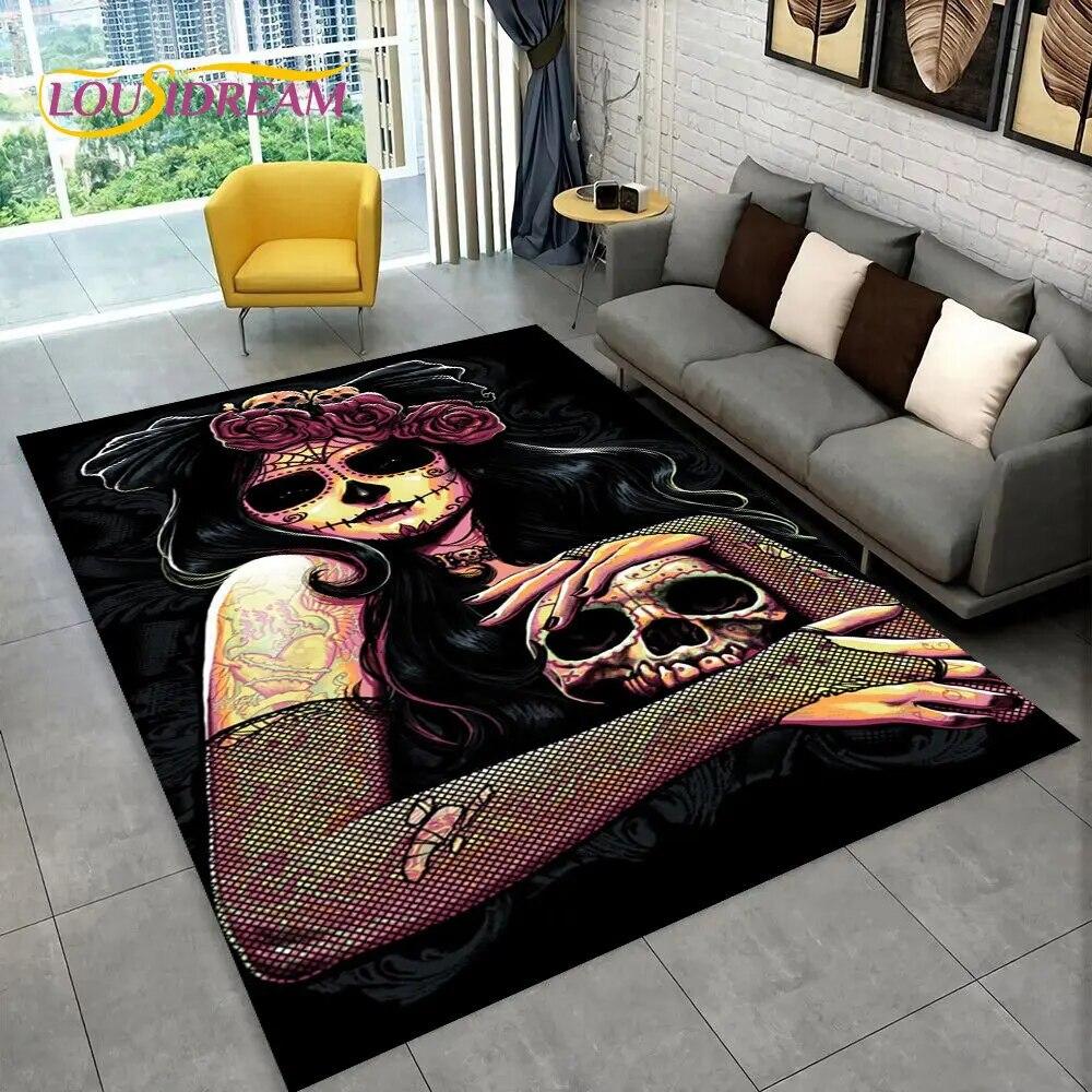 3D Gothic Horror Female Skull Dead Girl Area Rug,Carpet Rug for Home Living Room Bedroom Sofa Doormat Decor,Non-slip Floor Mat