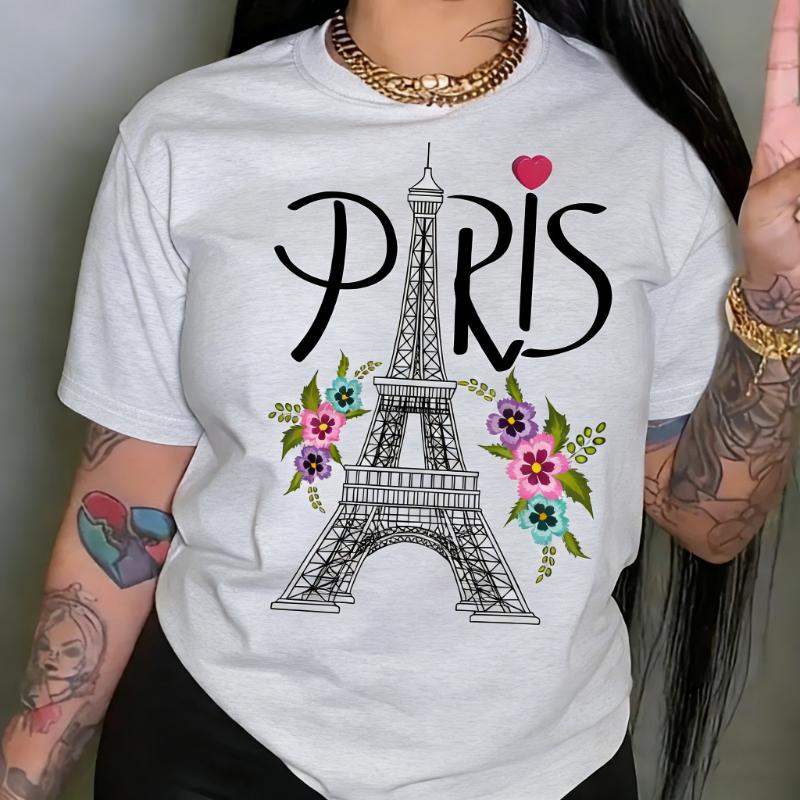 Paris Eiffel Tower Printed Crew Neck Casual TShirt for Summer Spring Women Aesthetic Clothes High Quality Cotton Shortsleev