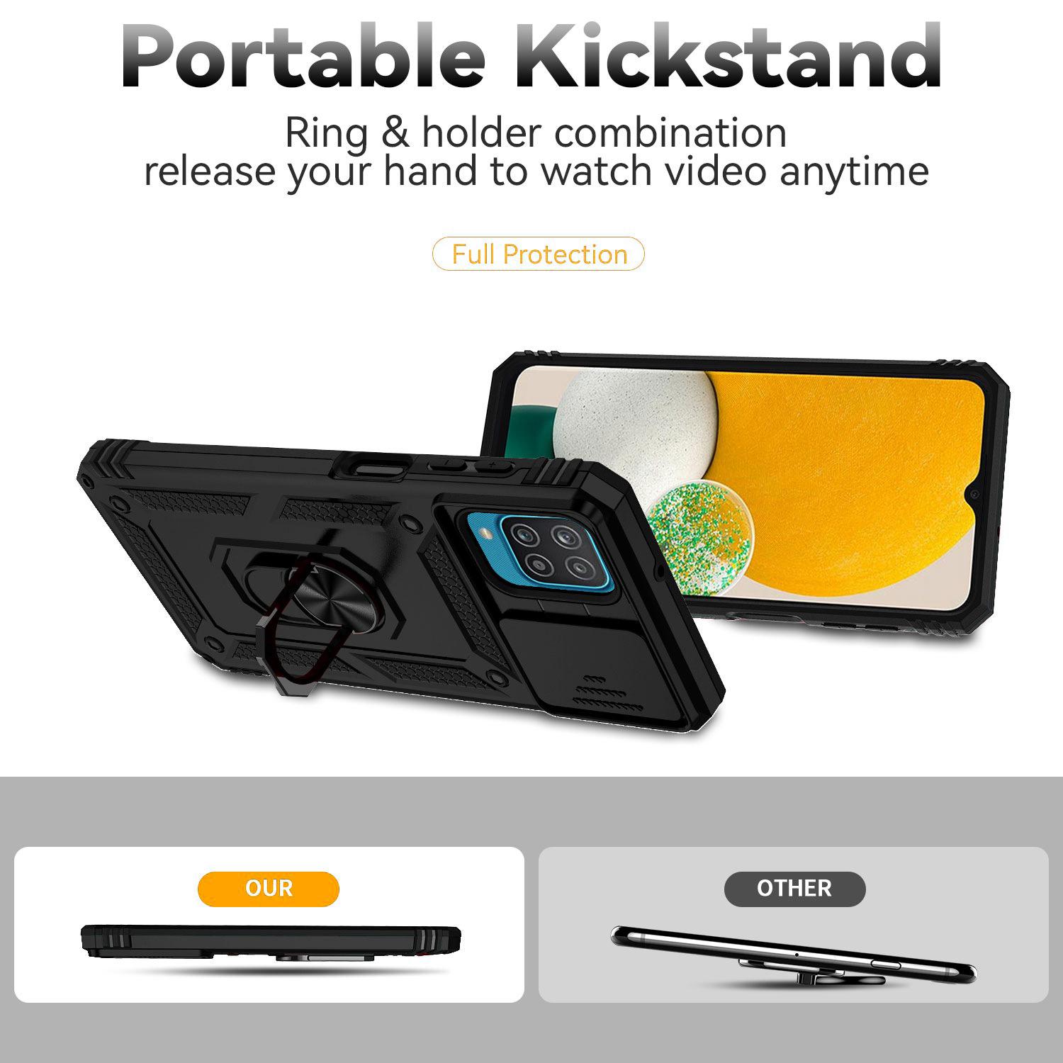 

For Samsung Galaxy A12 Case Hard PC+Soft TPU Anti-Scratch Phone Cover with Ring Car Mount Kickstand and Camera Protector Blue