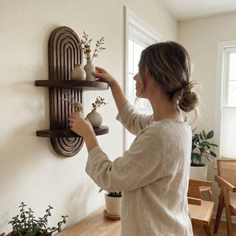 Natural Wooden Wall Shelves Oval Threaded Boho Style Rack Wall Mounted Shelf  Plant Decorative