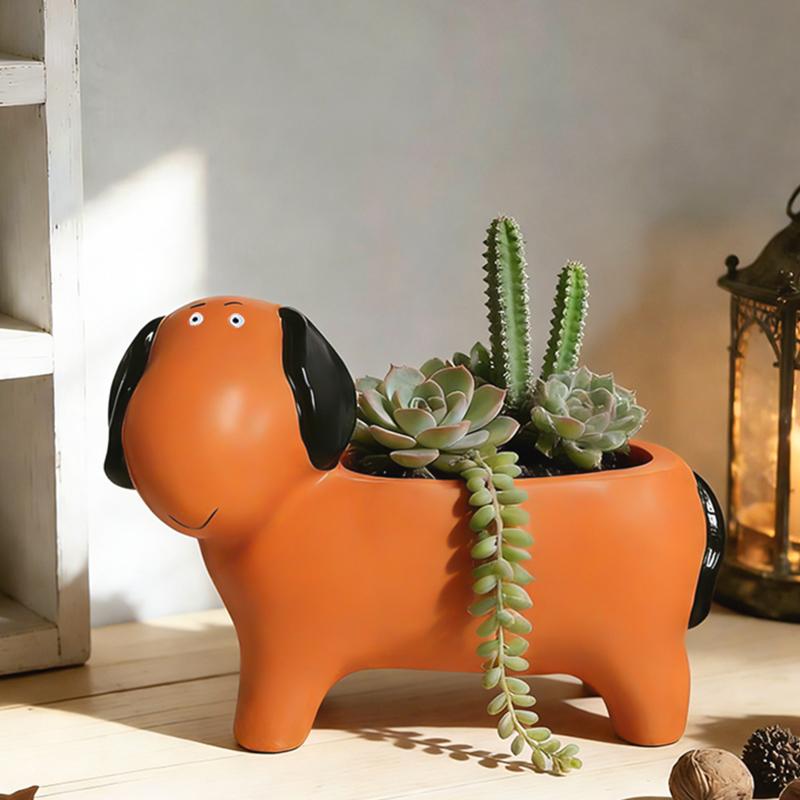 Cute Little Dog Flowerpot Green Potted Plants Vase Container Home Courtyard Garden Decoration Resin Handicrafts Ornament Gift