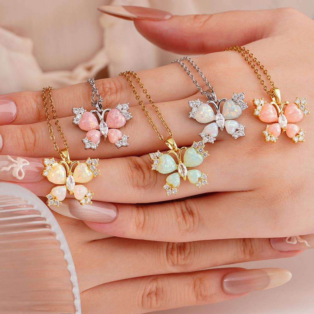 Colorful Resin Heart Zircon Butterfly Pendant Necklace for Women Girls Stainless Steel Chain Sweet Cute Collar Jewelry Gifts