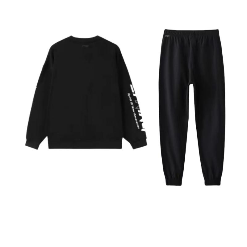 Li Ning Logo Printed Round Neck Pullover Casual Sports Set Men Sets Black AYKT551-7+AWDRB77-1