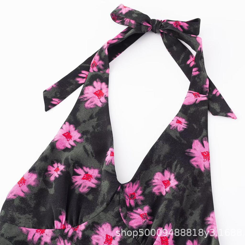 French Floral Neck Dress Women's Summer New Holiday Style V-neck Backless Fashion Temperament Suspender Dress