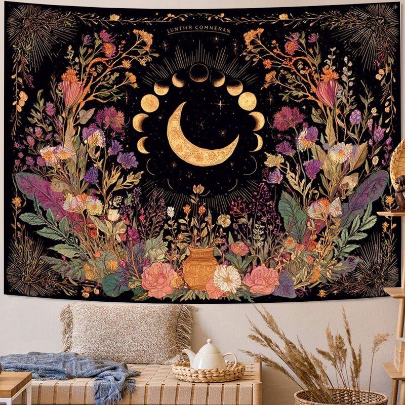 VIKAMA Moon Phase Floral Yoga Goddess Tapestry Polyester Wall Hanging Living Room Bedroom Yoga Meditation Mystic Boho Home Decor