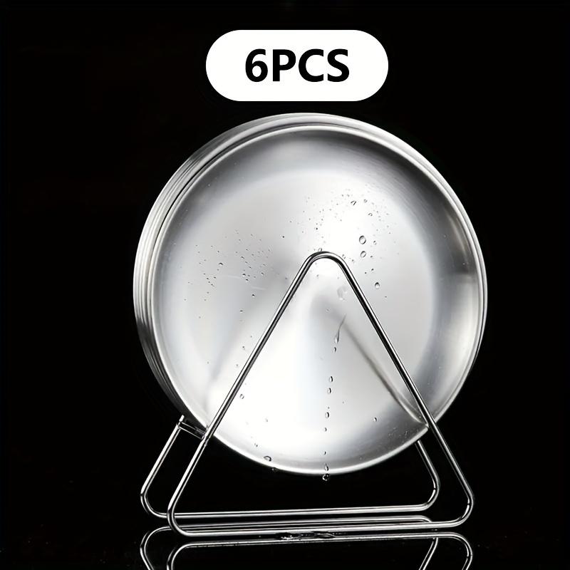 6PCS Stainless Steel Dinner Plate Light Round Plate Small Plate Set With Storage Rack Outdoor Camping Picnic Plate Tableware Set
