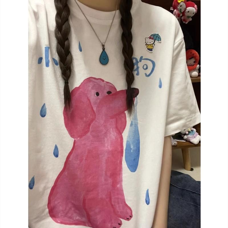 

Pure cotton trendy brand European and American retro cartoon puppy short-sleeved t-shirt female couple design sense oversize sweet cool top M абрикосовый