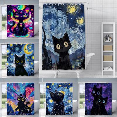 Shower Starry Sky Cat Curtain Waterproof Polyester Fabric Paint Colorful Bath Curtains Home Bathroom Decor Curtain With Hook