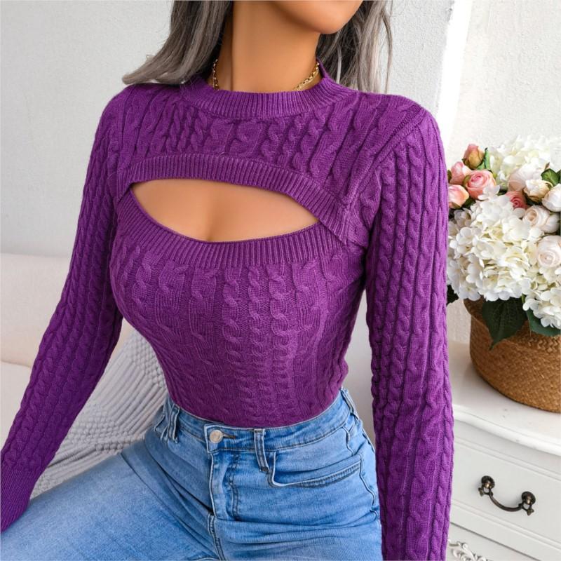 New Autumn and Winter Women's Fashion Hollow Out Fried Dough Twists Long Sleeve Sweater Round Neck Solid Fit Women's Wear