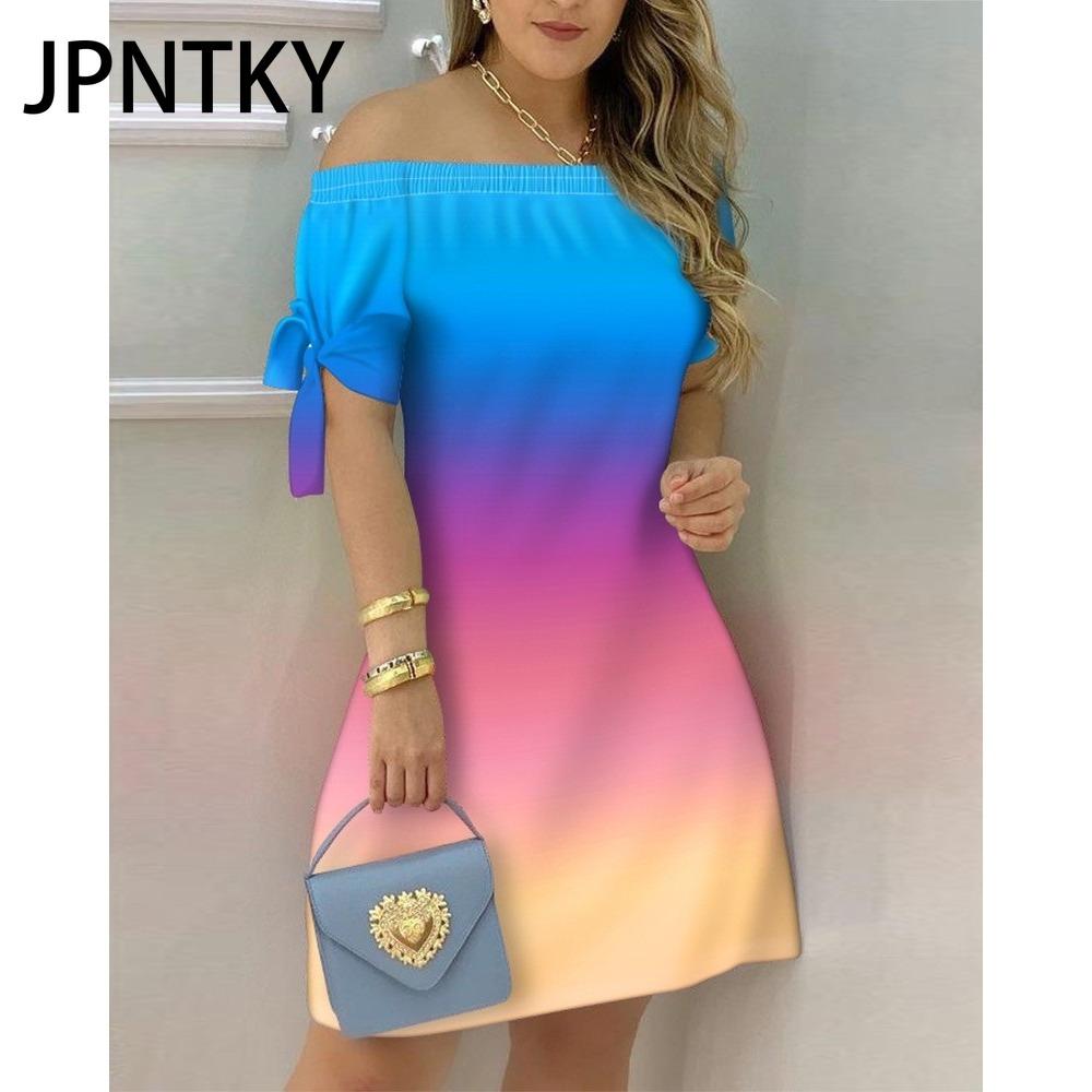 JPNTKY Women Fashion Off Shoulder Dress Short Sleeve Bow Tie Print Dresses Summer Beach Dresses Plus Size