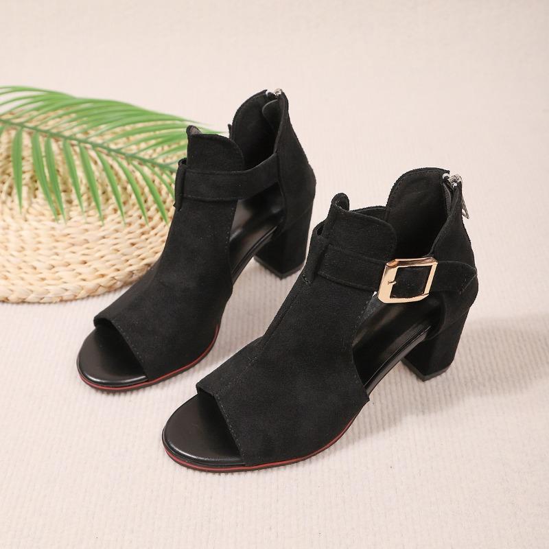 

Мода Мода Босоножки с рыбьим носком Летние Новые Круглый носок Открытый носок Замша Металлическая пряжка Противоскользящие Износостойкие Высокие каблуки 41 чёрный