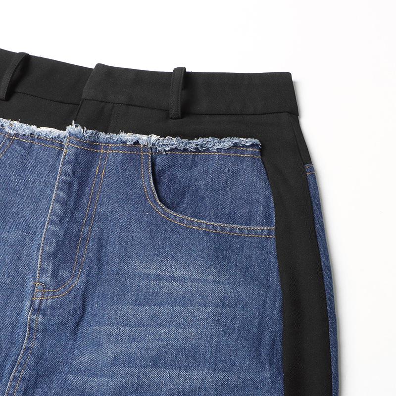 Retro Hong Kong Style Low-Waist Straight Denim Skirt with Front Slit and Contrast Splicing - Women's 2025 Spring Collection