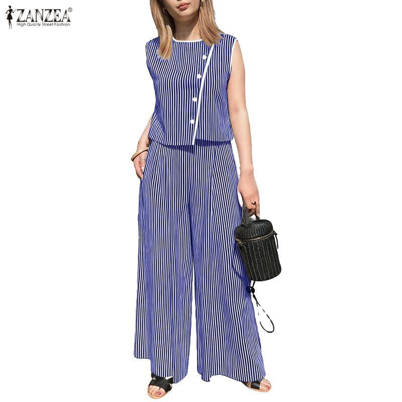 ZANZEA Women Sleeveless Vest Tops and Pants Casual Stripe Print Two Piece Suit Sets
