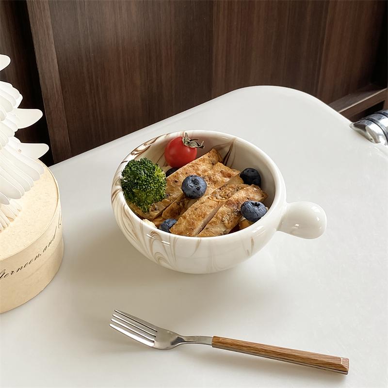 1Pc Creative Patterned Random Ink-Patterned Ceramic Bowl, Round Handle Salad Yogurt Bowl, Exquisite and Elegant Ink-Colored Ice Cream Bowla