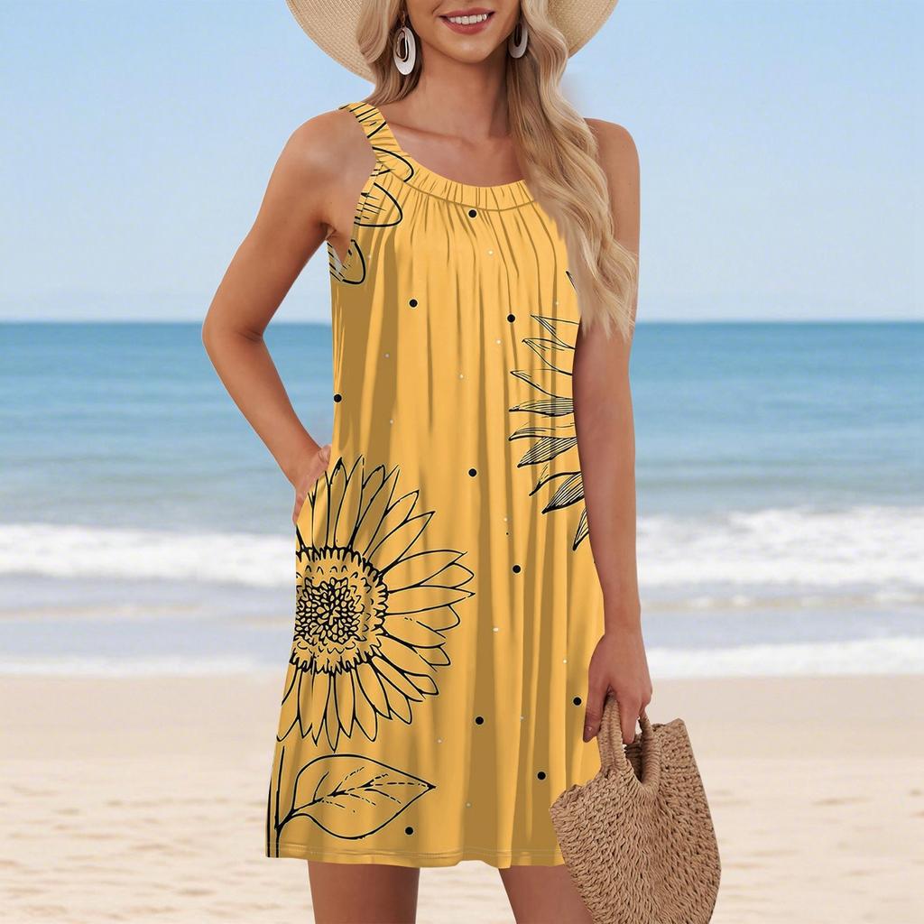 Ladies Fashion Beach Vest Casual Summer Pocket Straps Vintage Floral Print Dress