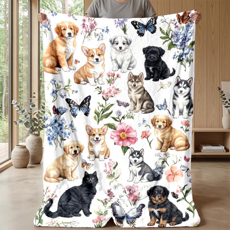 Puppies and Butterflies Garden Theme blanket Lightweight Warm Flannel Blanket Decorative Throw Blanket for Home Decoration