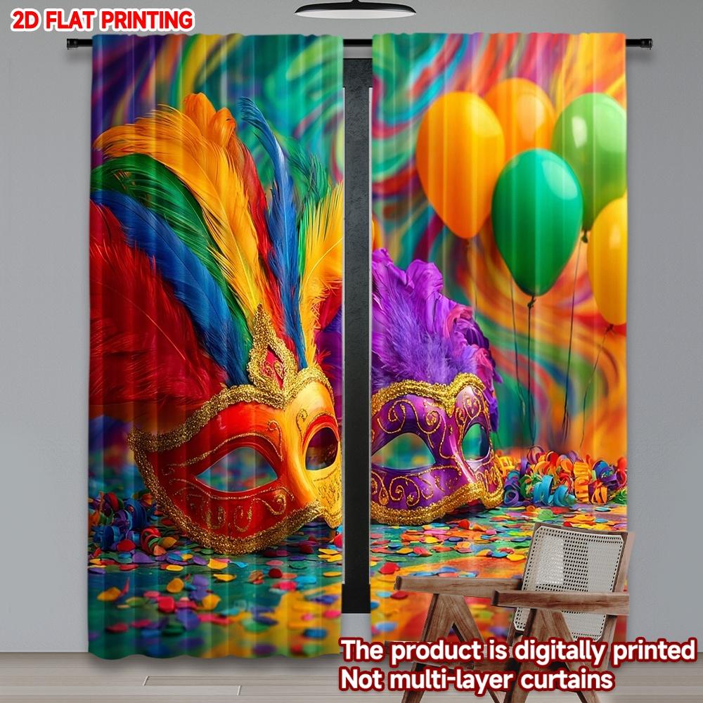 2D Flat Printing 2pcs Curtain Scene Curtains Carnival Masks and Balloons(1) Digital Printed Polyester Drapes Holiday Decorations