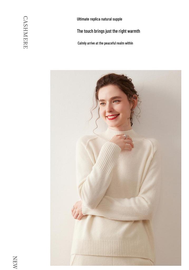 Women's Cashmere Knit Sweater - Solid Color, Half-High Collar, Loose Slimming Fit, Thick Drop Shoulder Sleeves for Autumn/Winter