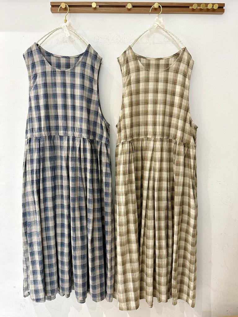 Wei Qi Spring/Summer Mori Style Cotton Linen Plaid Drawstring Vest Dress - Women's Loose Layered Long Dress
