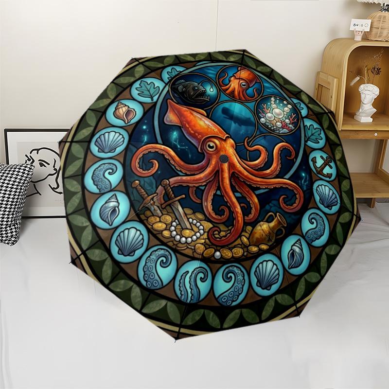 Ocean Mystery Glass pattern umbrella, portable and foldable design, 8 ribs, a casual accessory for Halloween, Christmas, and birthday gifts.
