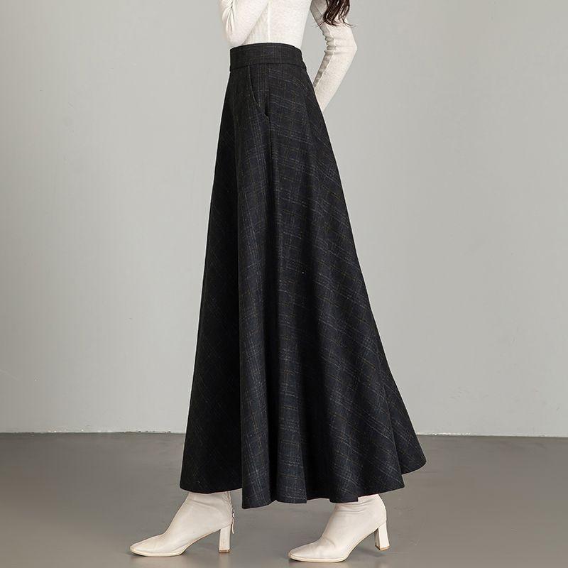New Woolen Plaid Skirt for Women Mid-length Autumn and Winter Slimming High-waisted A-line Skirt Casual Long Skirt