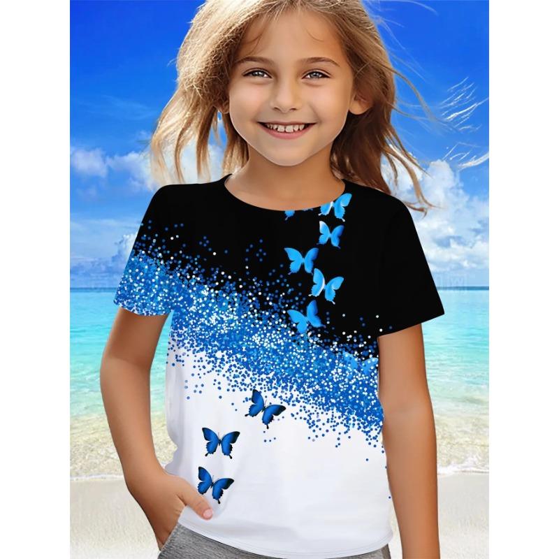 Summer Round Neck 3D Prety Butterfly Pattern Printed Top Fashionable Casual Short Sleeved Children's Girl T-shirts