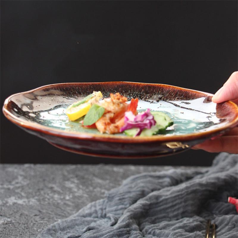 Emerald Green Agate Ceramic Tableware Set – Retro Pasta, Steak, Salad Plates