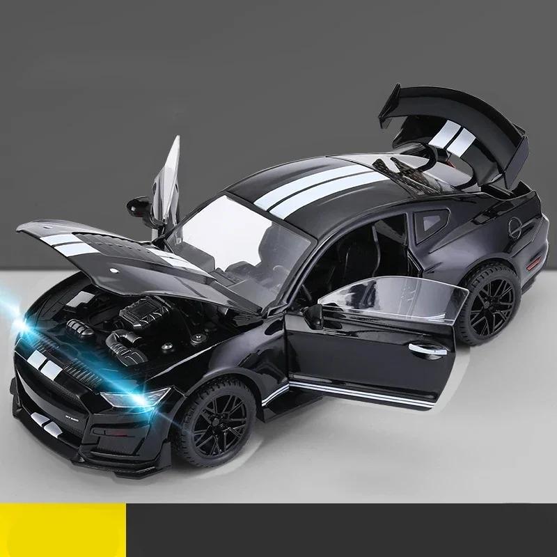 Large 1:18 Ford Mustang GT500 Miniatures Alloy Diecast Metal Vehicle Model Collectibles Sound Light Toys Car Gifts For Kids Boys