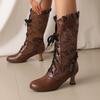 Autumn Winter Vintage Women Victorian Boots Lace Up High Heel Booties Ruffle Trim Goth Lolita Princess Cosplay Tea Party Shoes