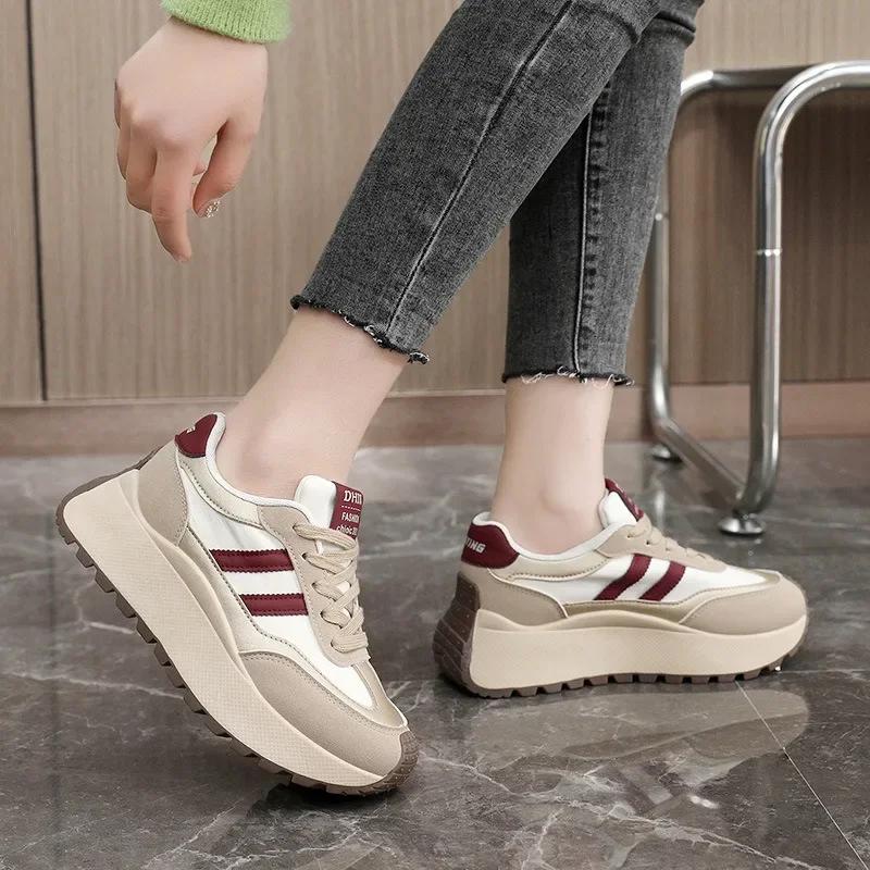Spring Thick Bottom Women's Shoes 2025 Summer Casual Patchwork Leather  Ladies Femme Sneakers Casual Vulcanised Shoes