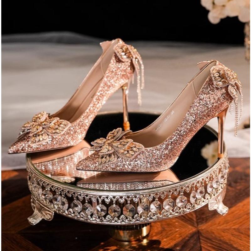 New Shiny Bowknot Thin Heels Pumps Women Slip-On Bling Crystal Party Shoes Woman Sexy Pointed Toe Glitter High Heels Shoes
