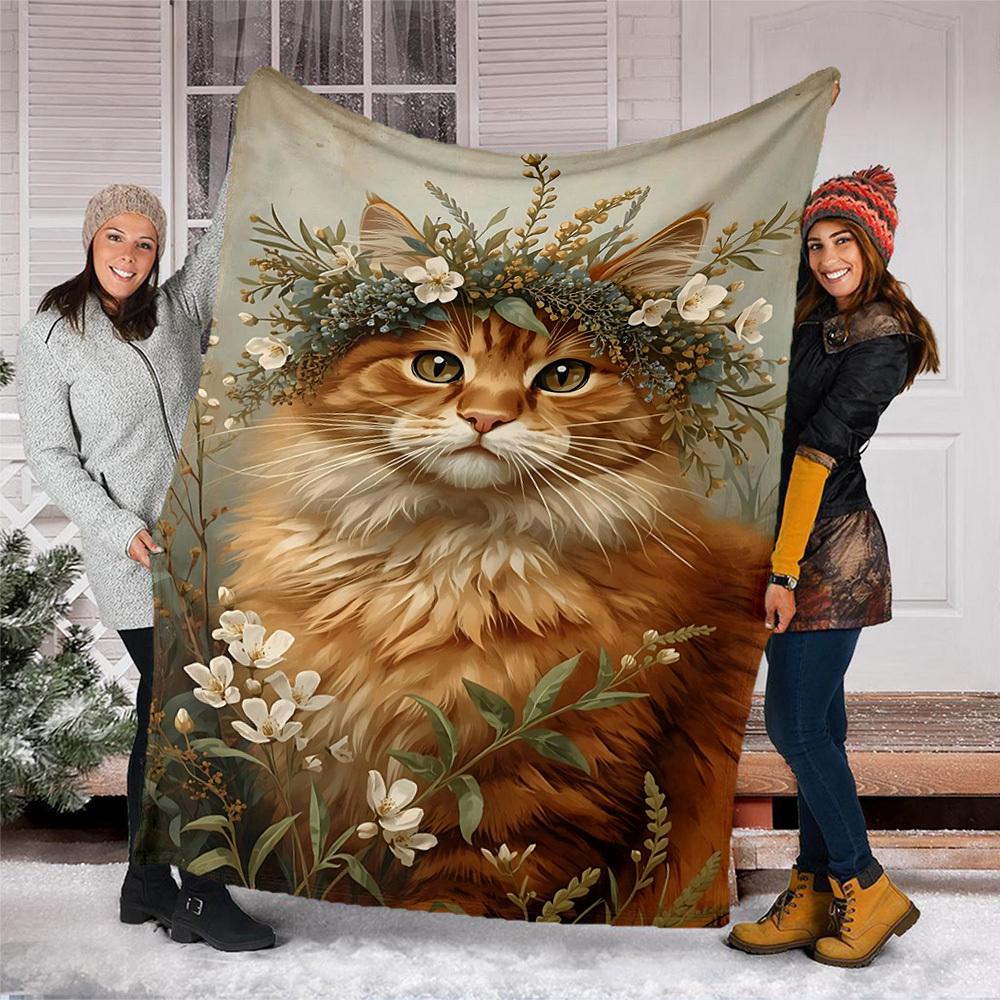 1pc Floral Cat Wreath Outdoor Flannel Blanket Soft All Season Polyester Throw , Perfect for Picnics & Travel , Picnic Accessory